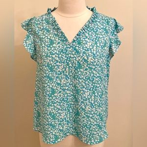 LOFT Outlet Petite Ditsy Blue Green Floral Ruffled Flutter Sleeve Casual Top LP